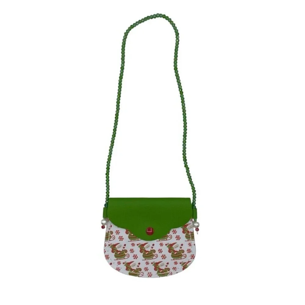 Christmas Little Girl Handbag Youth Santa Theme 5.5 In Holiday Green Red Print